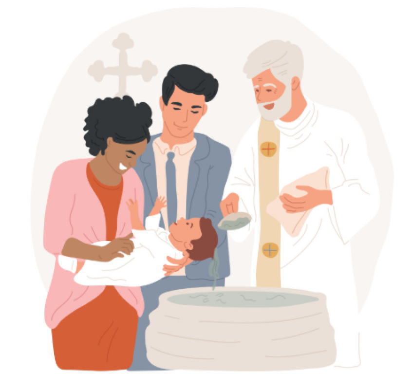 Baby baptism ceremony with parents and priest at a baptismal font