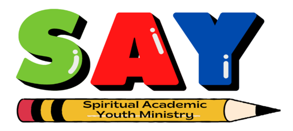 Logo reading “SAY” in green, red, and blue above a pencil labeled “Spiritual Academic Youth Ministry.”