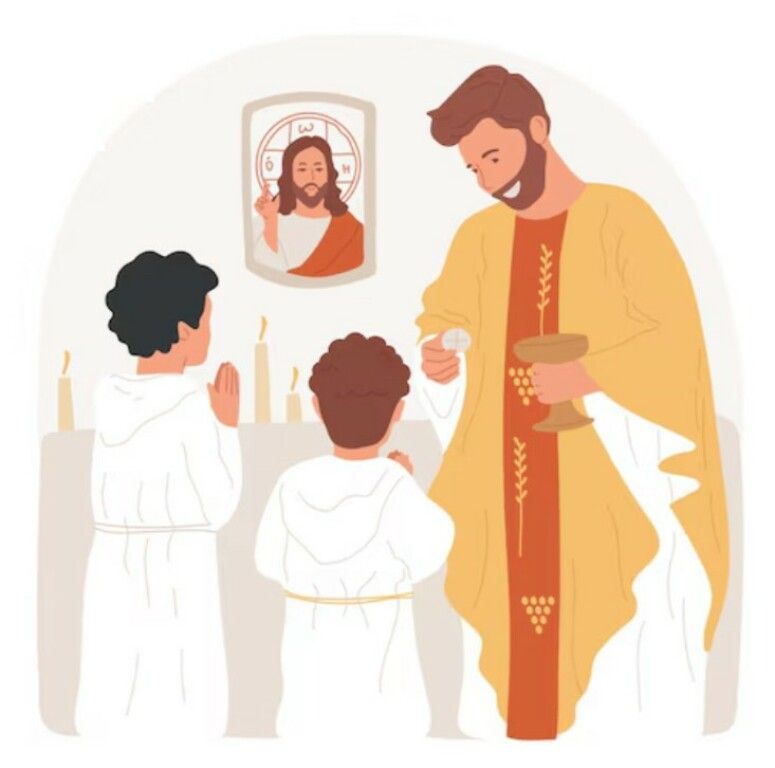 Man in yellow robe blessing two children before a framed image of Jesus in a church.