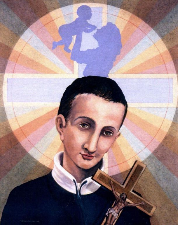 Saint with a cross pendant before a radiant halo and child silhouette background