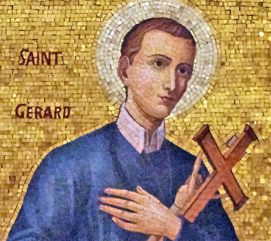 Mosaic of Saint Gerard holding a cross, with a halo and blue robe against a gold background.
