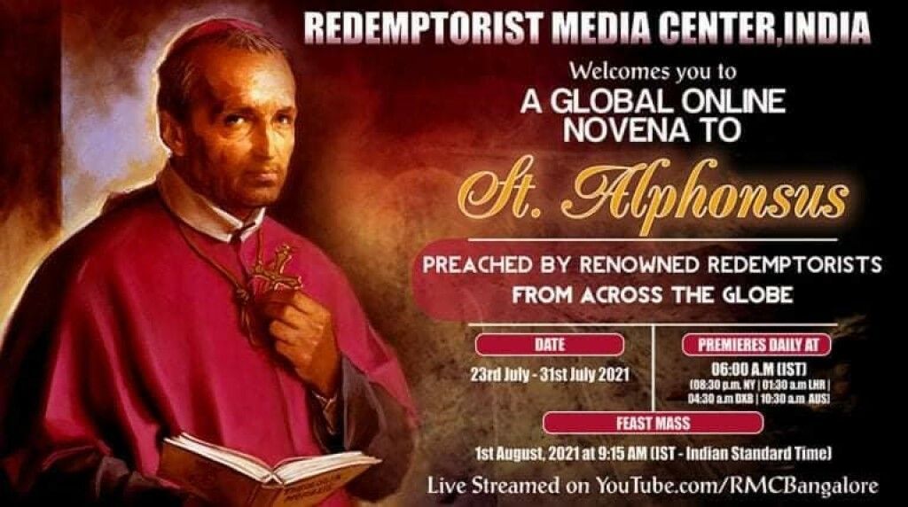 Poster for Redemptorist Media Centre India welcoming people to a global online novena to St. Alphonsus, with a saint portrait.