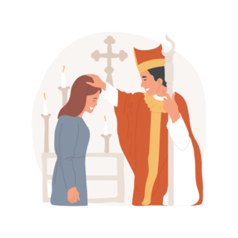 Priest in orange robes blessing a kneeling person before an altar with candles and a cross