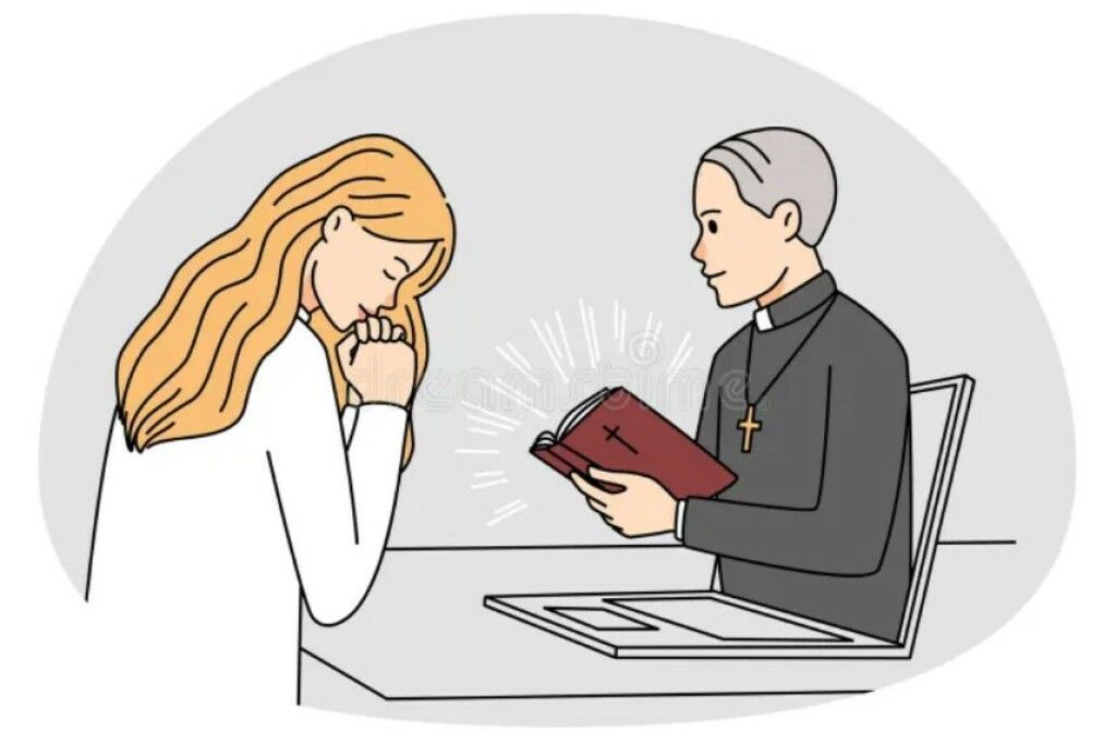 Person kneeling in prayer before a priest holding a book in a church setting