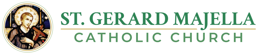 St. Gerard Majella Catholic Church logo with saint icon in green and gold text