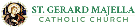 St. Gerard Majella Catholic Church logo with saint icon in green and gold text