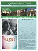 Green church bulletin with praying man photo, “Pleased” panel, and January 12th baptism of the Lord notice
