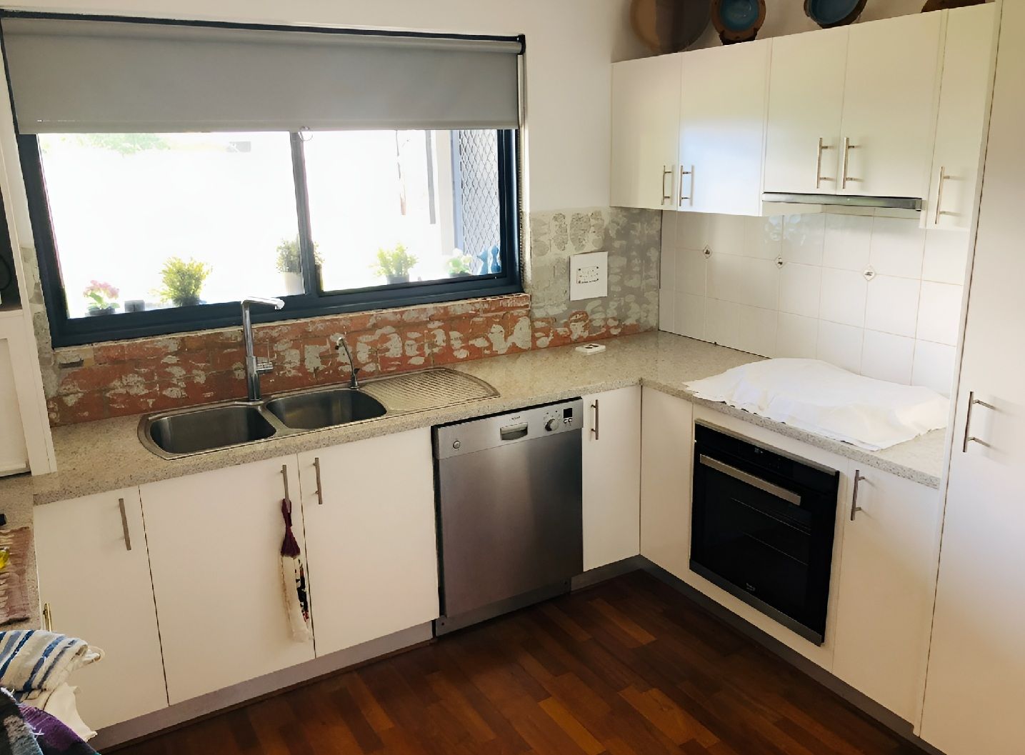Black Aluminium Sliding Kitchen Window Above Sink With Blind