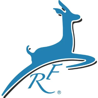 Logo RF blu con un cervo stilizzato che salta sopra le lettere