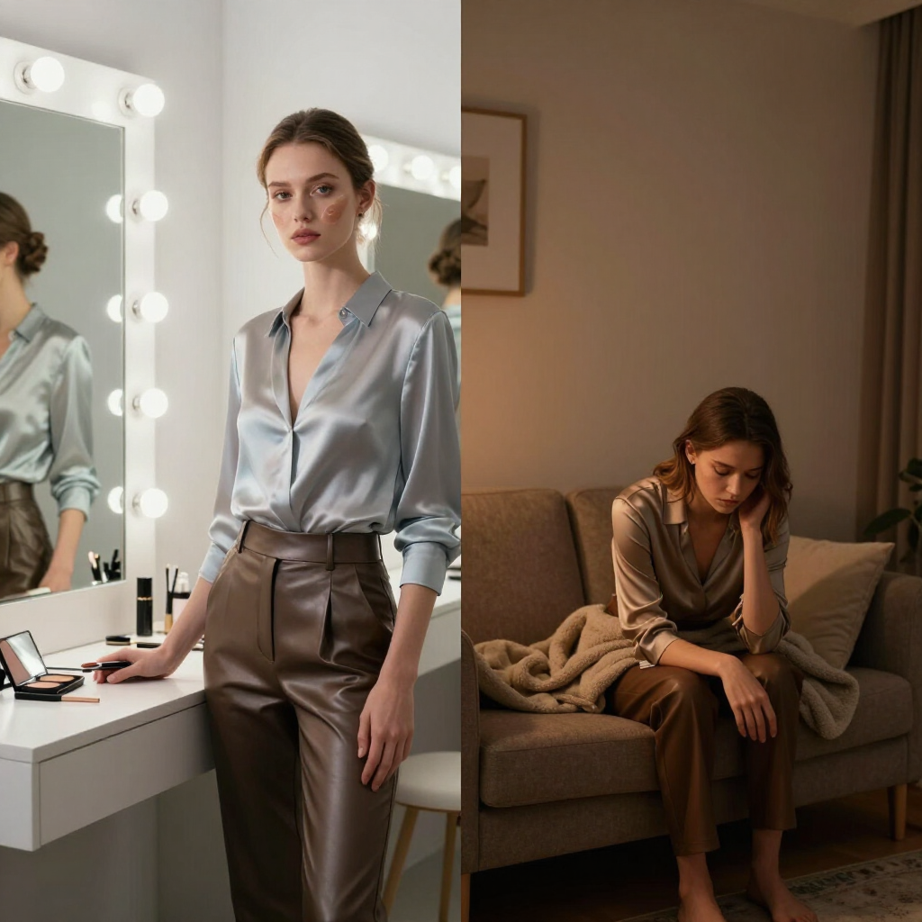 Woman in silver blouse stands by vanity mirror while another sits on a couch in a softly lit room