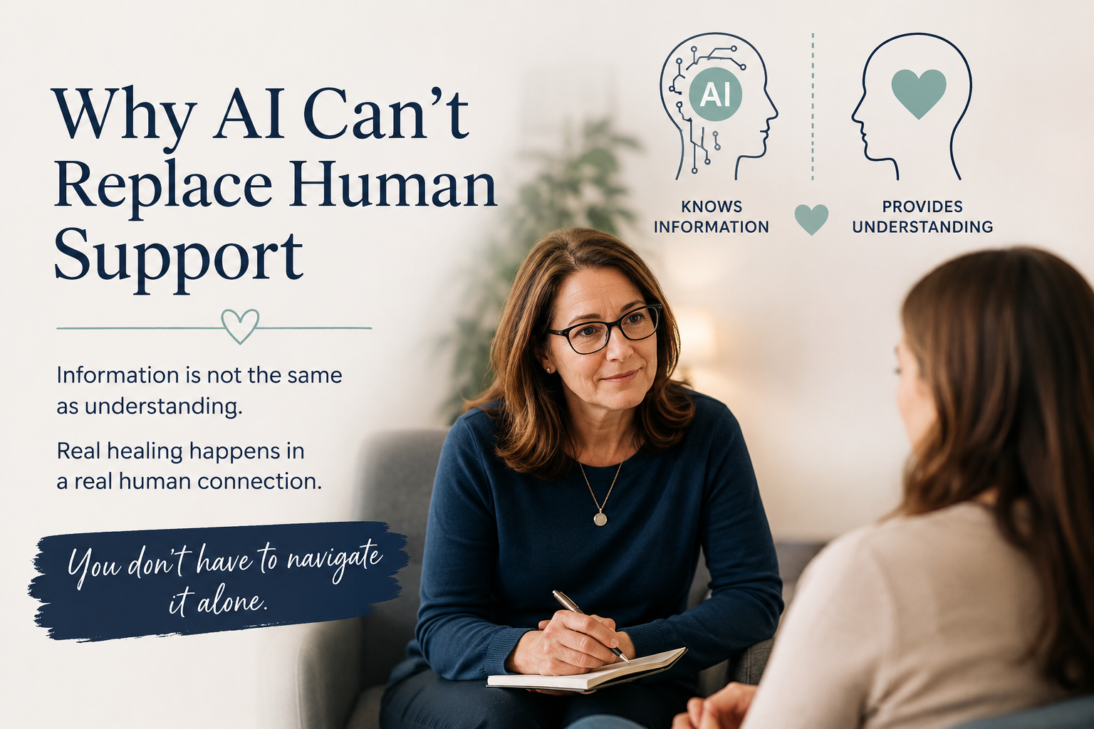 Woman with tablet in therapy session beside text: “Why AI Can’t Replace Human Support”