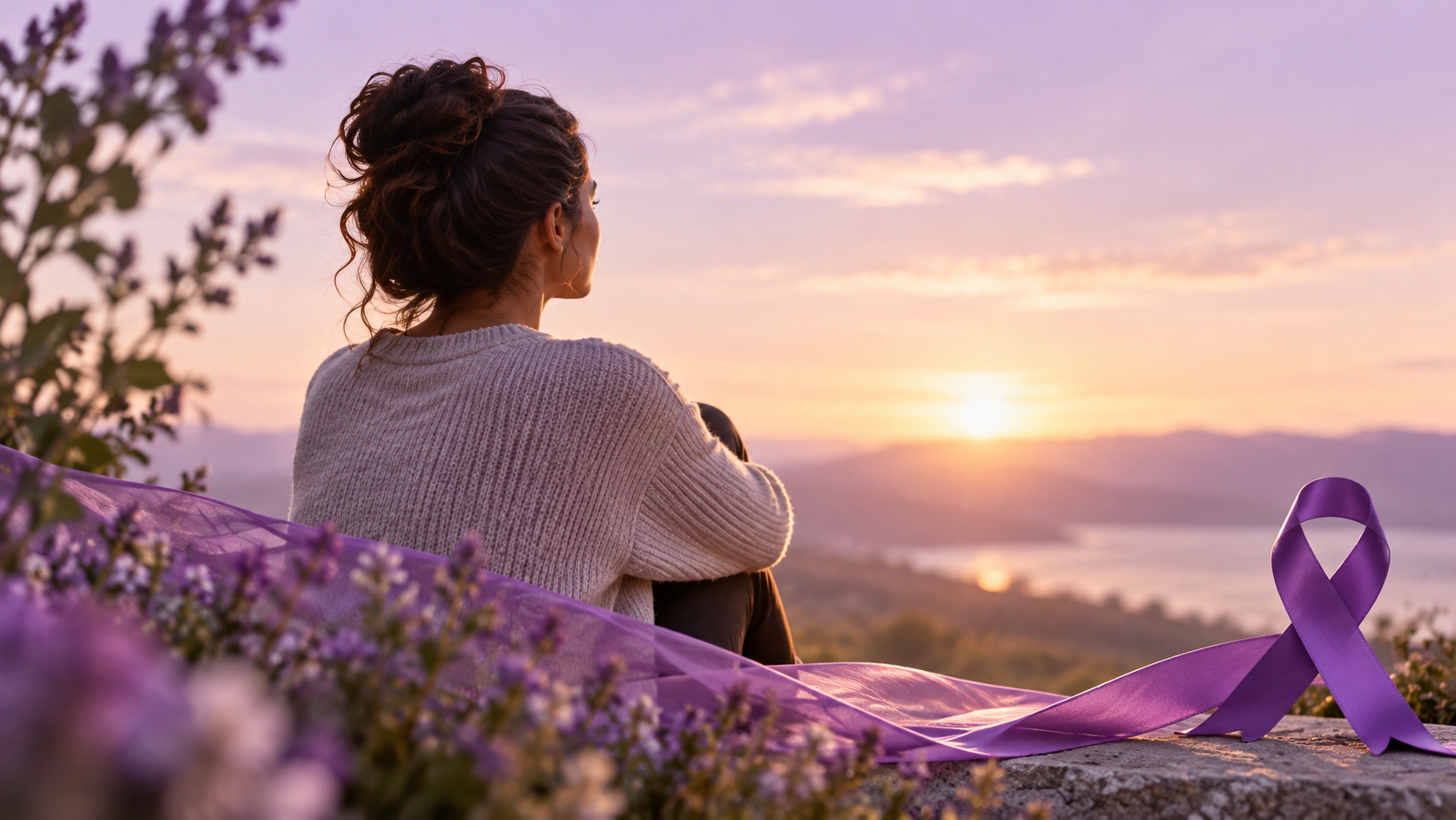 Woman looking towards a hopeful sunset, a purple awareness ribbon, symbolising Domestic Violence