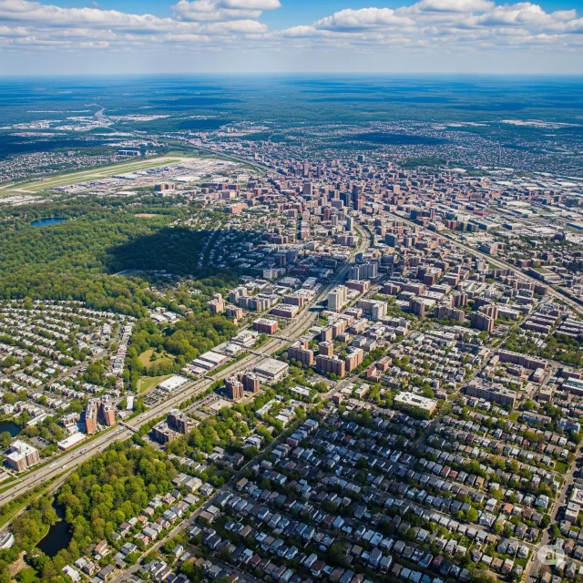 An aerial view of a residential area with a lake in the background.
