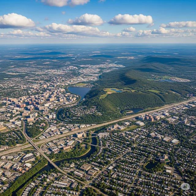 An aerial view of a residential area surrounded by trees and a lake.