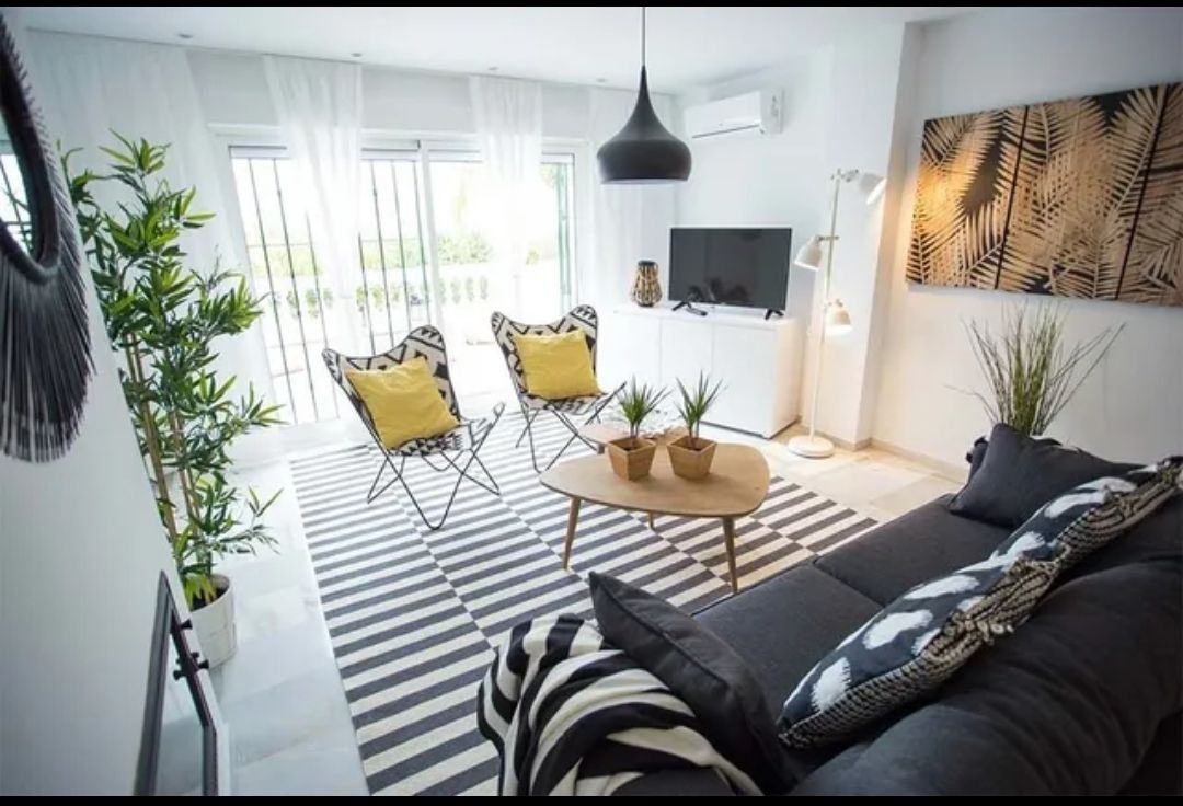 Bright white living room with black-and-white striped rug, yellow chairs, couch, and potted plants