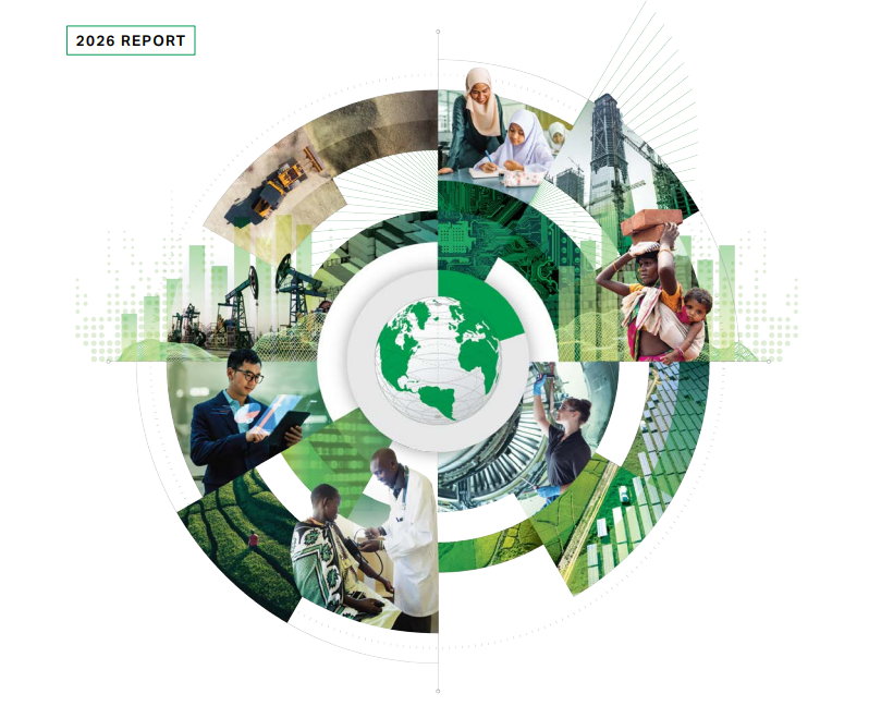 Green sustainability collage with people, crops, cityscape, and Earth icon in circular design
