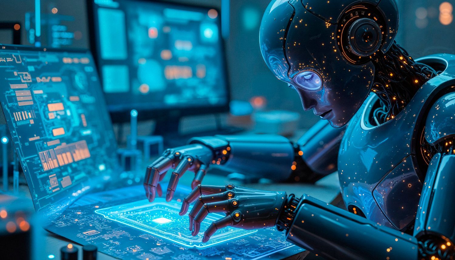 Futuristic robot typing on a glowing blue keyboard in a high-tech control room with multiple screens