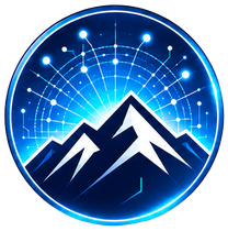 Blue circular logo with white network dots and stylized dark mountain peaks