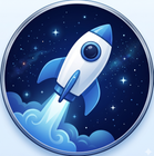 Stylized white rocket blasting off through blue clouds in a starry night sky