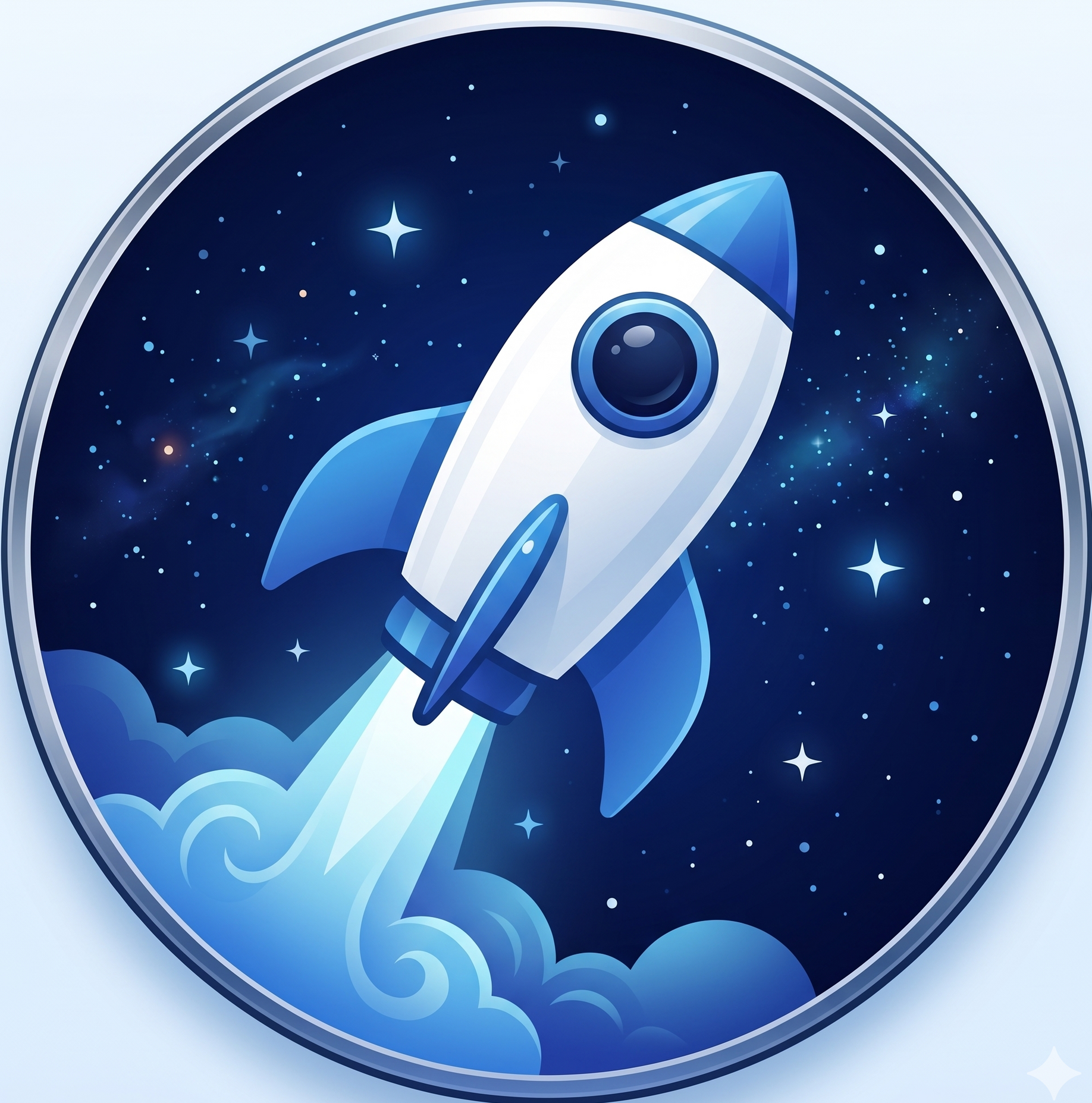 Cartoon rocket launching into a starry night sky with blue clouds and glowing trail