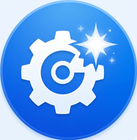 Blue circular settings icon with a white gear and sparkle