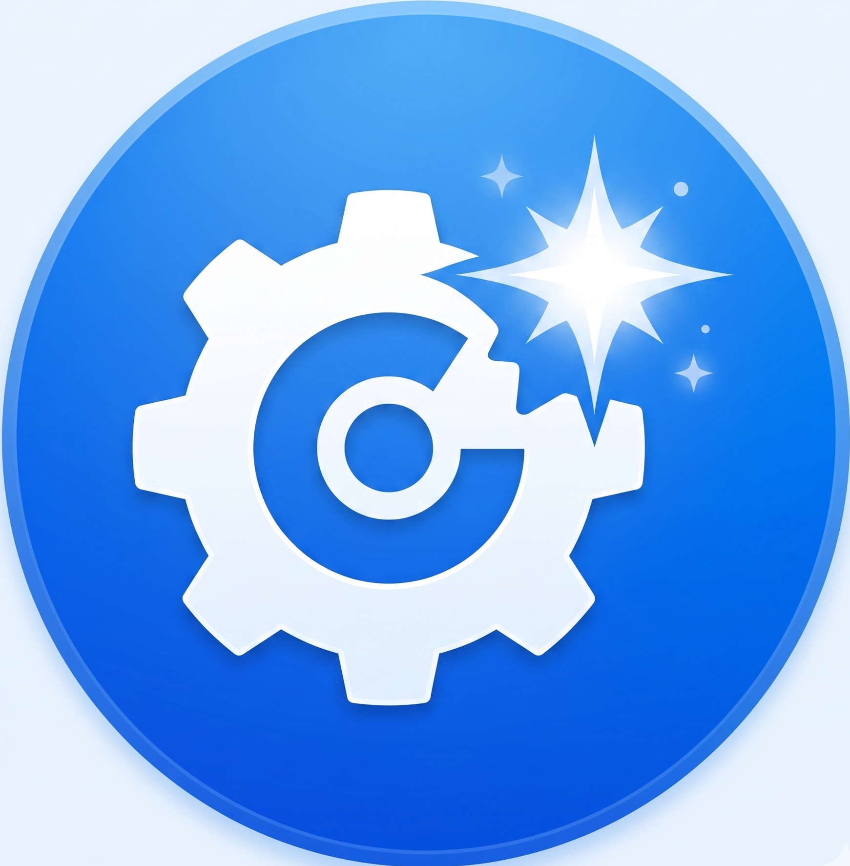 Blue circular gear icon with a white refresh arrow and sparkle