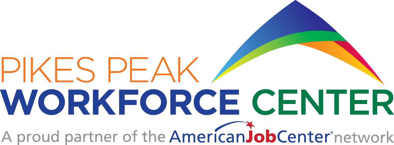 Pikes Peak Workforce Center logo with multicolor mountain arc and American Job Center branding