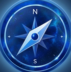 Blue compass icon with a north-south needle on a starry background