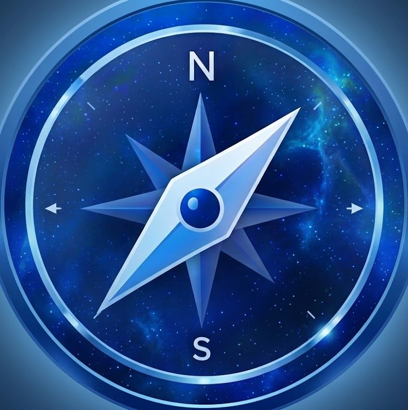 Blue compass icon with white needle and N/S markings on a starry background