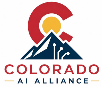 Colorado AI Alliance logo with red C, mountain silhouette, and gold sun above blue peaks