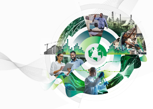 Green sustainability collage with people, city buildings, wind turbines, and recycling symbol