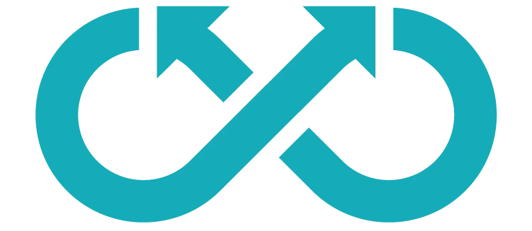 Turquoise infinity loop logo with two arrowheads pointing up and inward