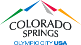 Colorado Springs Olympic City USA logo with colorful mountain peaks and text.