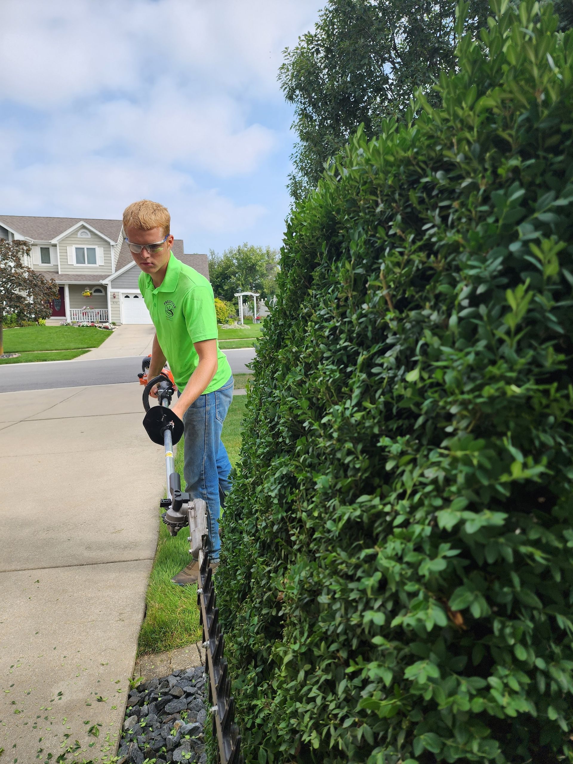 Person trimming a tall hedge beside a sidewalk in a suburban neighborhood.