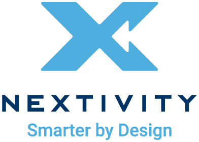 A blue and black logo for nextivity smarter by design