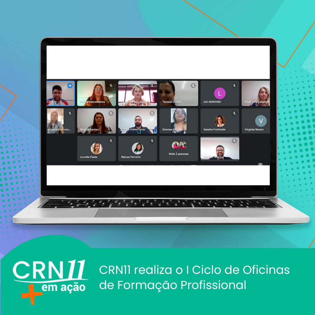 Laptop exibindo uma grade de reunião virtual; banner CRN11 em ação com texto em português sobre treinamento de escritório abaixo.