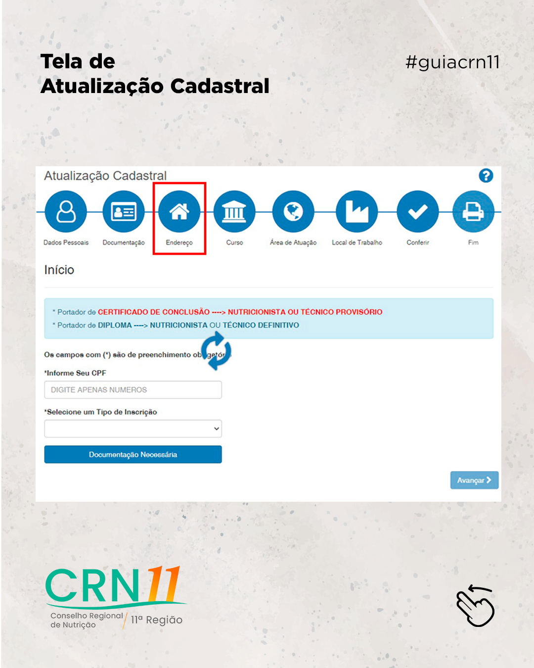 Tela de atualização cadastral em português, com ícones azuis de etapas e formulário de login/consulta.