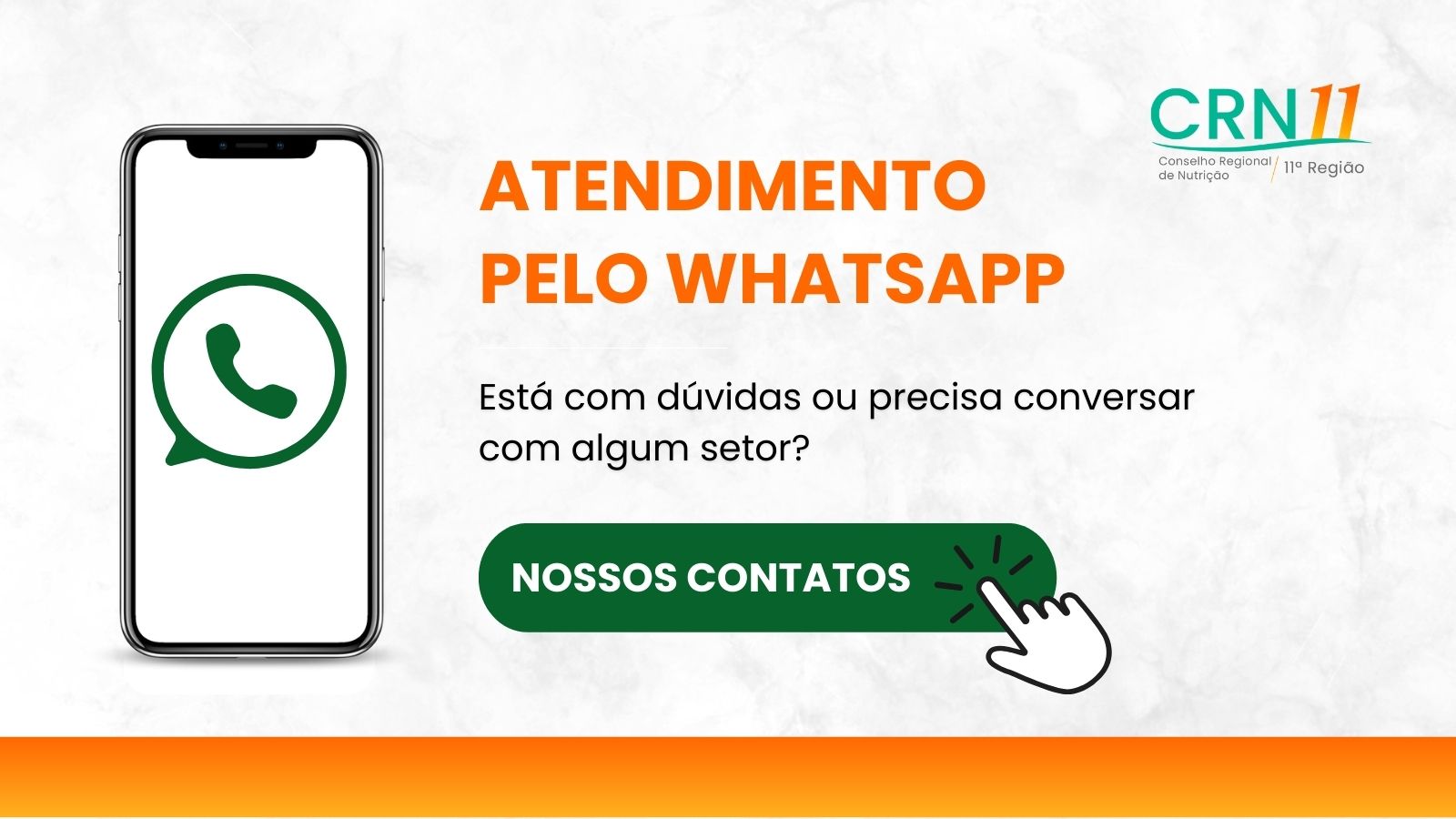 Anúncio com smartphone e logo do WhatsApp, texto “Atendimento pelo WhatsApp” e botão “Nossos contatos” em verde.