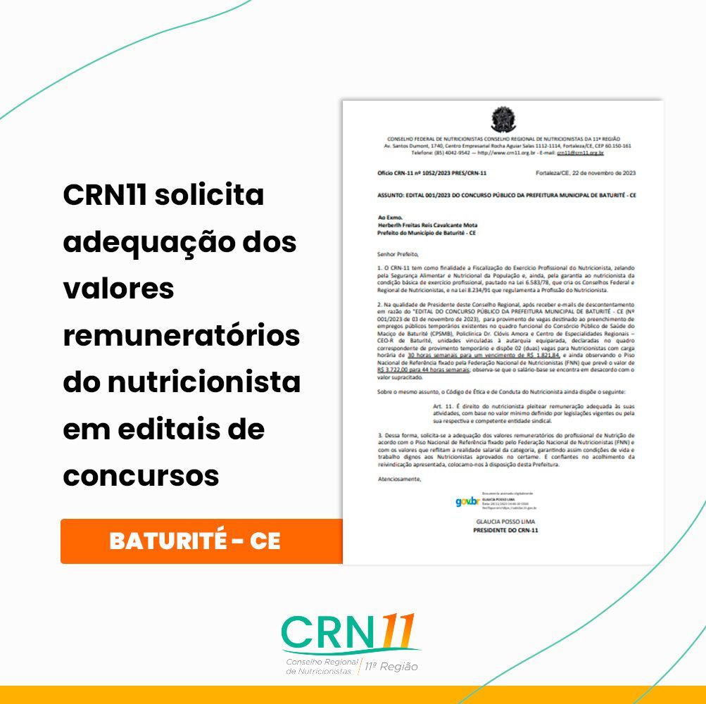 CRN11 solicita adequação de valores do nutricionista em editais de concursos, em cartaz branco com destaque laranja e verde.