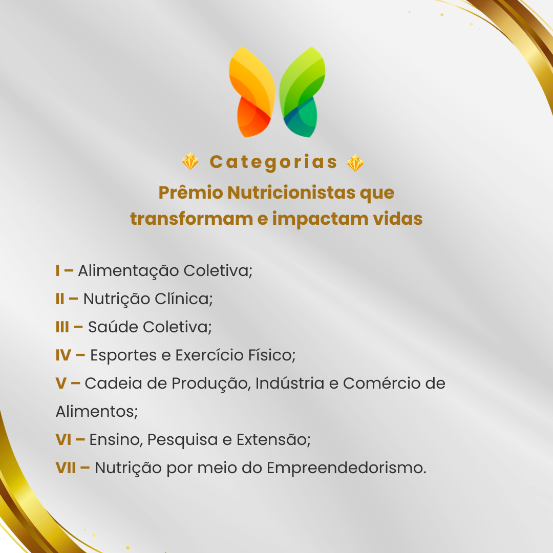 Cartaz branco com borboleta colorida e lista de categorias do Prêmio Nutricionistas que Transformam e Impactam Vidas.