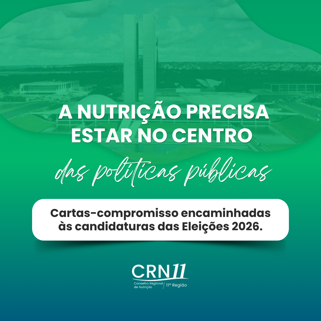 Cartaz verde e azul: “A nutrição precisa estar no centro das políticas públicas”; cartas-compromisso para 2026.