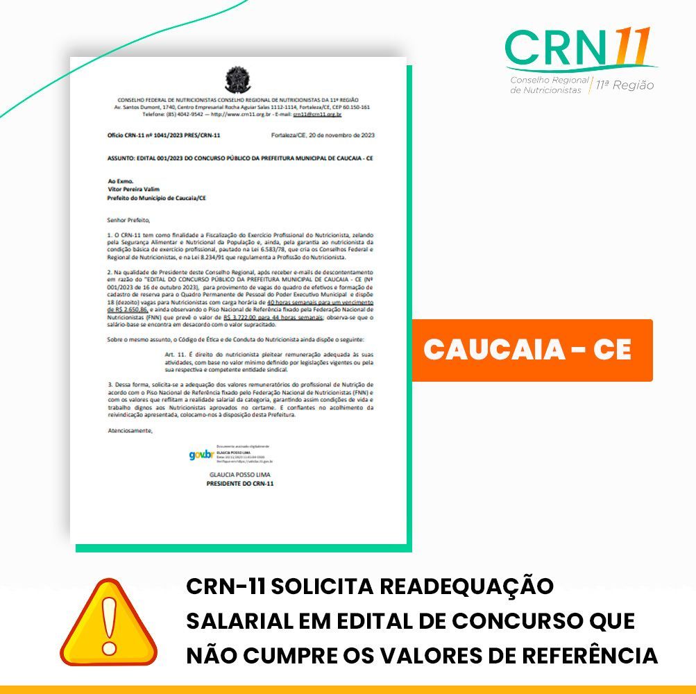Aviso CRN-11 com imagem do documento, etiqueta laranja “CAUCAIA-CE” e alerta sobre salário abaixo dos valores de referência.