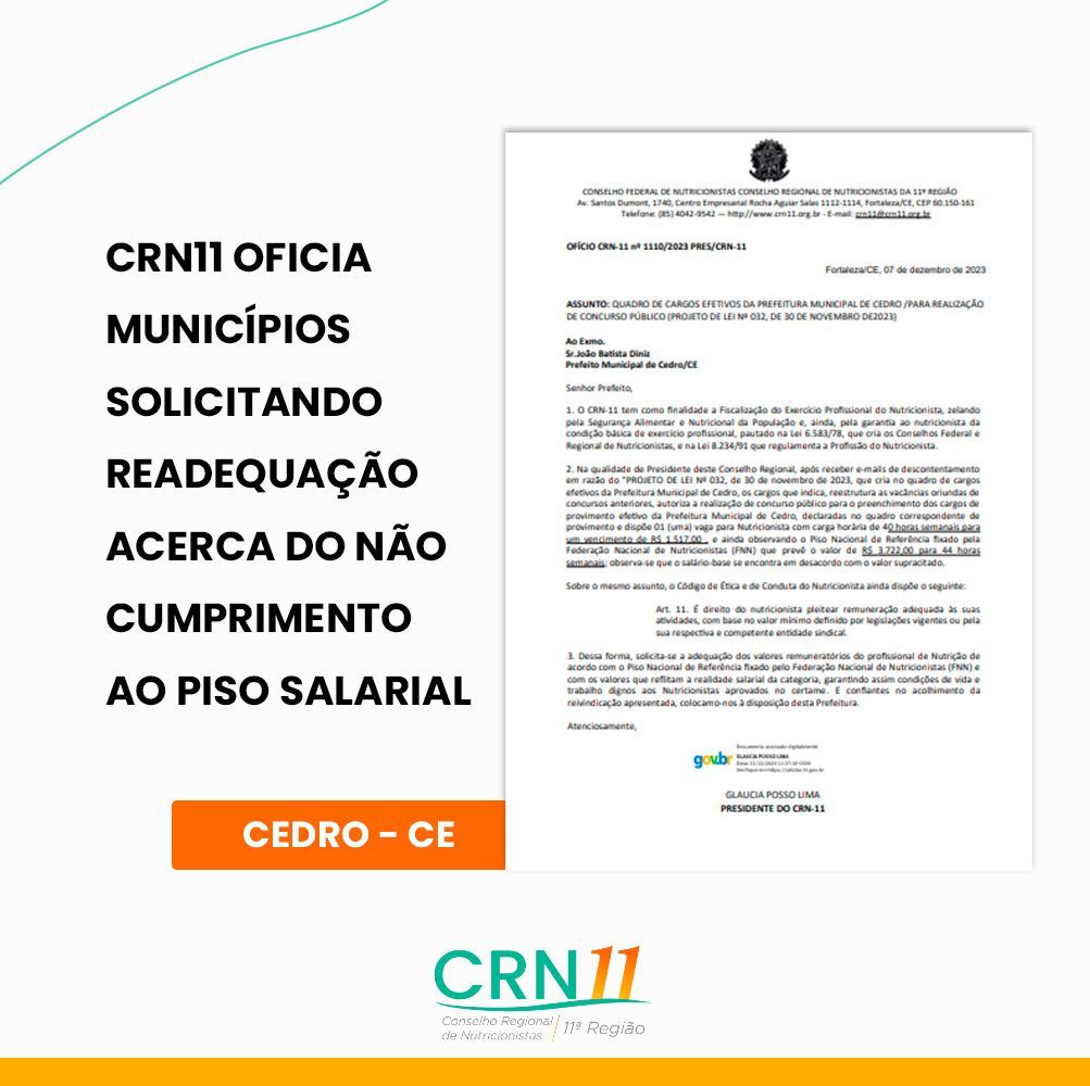 CRN-CE anuncia municípios solicitando readequação ao piso salarial, com carta oficial exibida