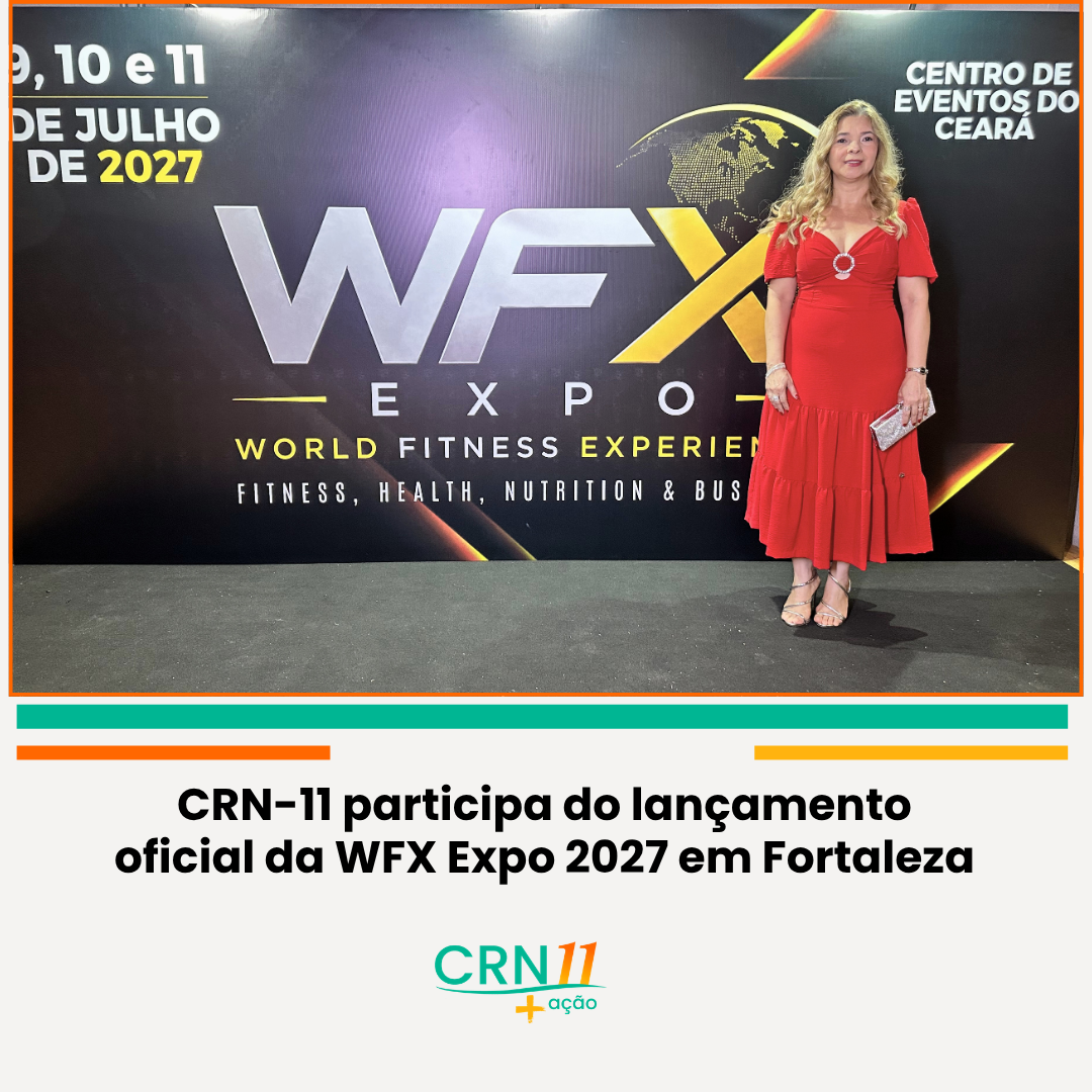 Wilma Félix em frente a painel do WFX Expo 2027; texto anuncia lançamento em Fortaleza.