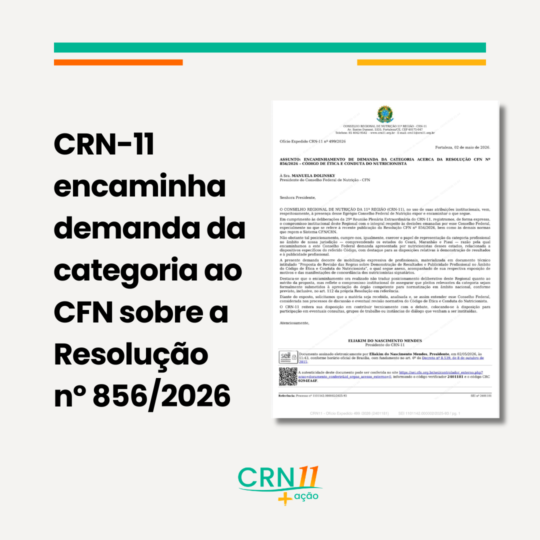 CRN-11 encaminha demanda da categoria ao CFN sobre Resolução nº 856/2026, com documento e logotipo CRN11.
