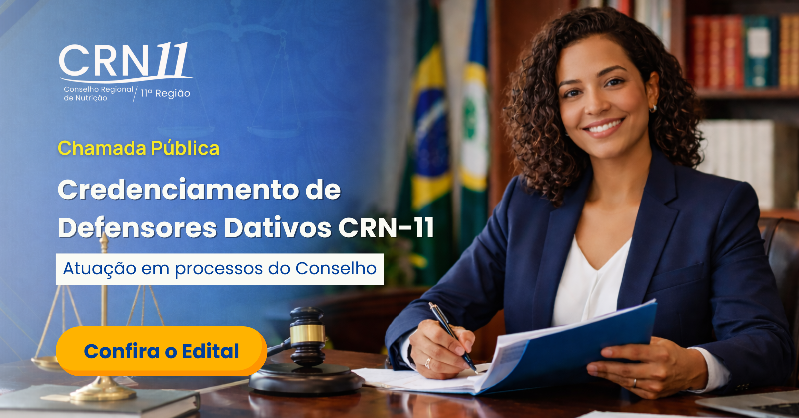 Banner promocional CRN-11 para credenciamento de defensores da criança, com uma mulher segurando documentos e um botão de chamada à ação.
