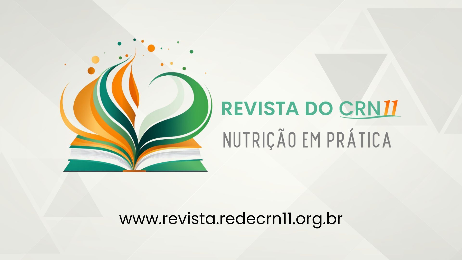 Logo da Revista do CRN11 com folhas verde e laranja e o texto “Nutrição em Prática” e site abaixo