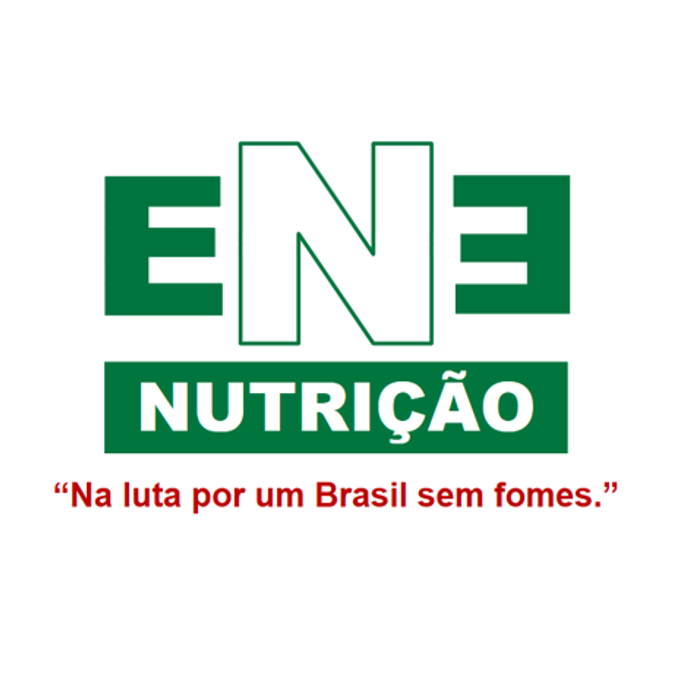 Logo verde e branco da ENE Nutrição com slogan em vermelho: “Na luta por um Brasil sem fomes.”