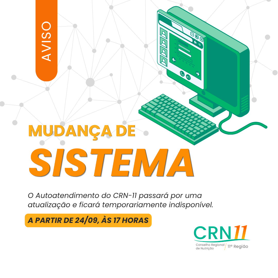 Aviso de mudança de sistema com computador verde e texto 