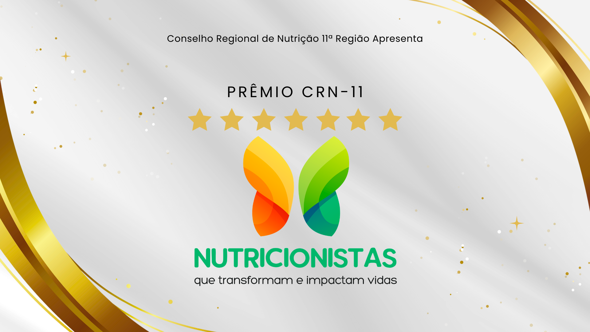 Banner PRÊMIO CON-II com logotipo de folha colorida e texto verde “NUTRICIONISTAS” sobre fundo branco-dourado.